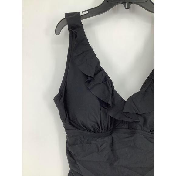 DKNY Women's Large Black Ruffle Plunge One Piece Swimsuit Beach Resort K17-26 - Picture 4 of 8